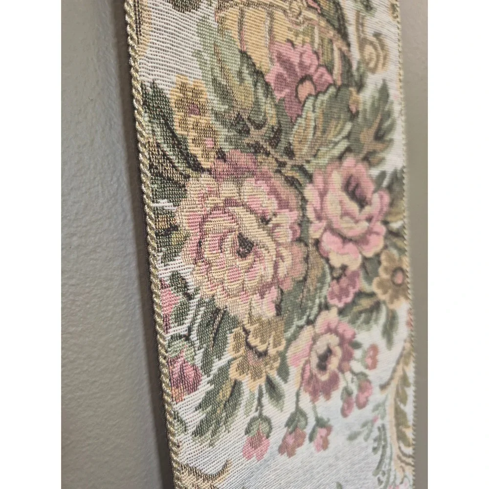 Vintage Floral Tapestry Bell Pull Wall Hanging Ornate Metal Pink Roses 48 Inch